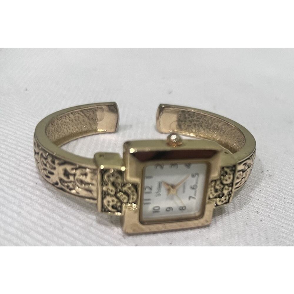 Vivani Women's White Dial Square Case Gold Tone Hinge Band Watch New Battery